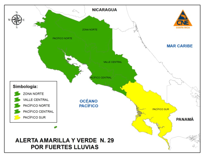 CNE declara alerta amarilla en Pacífico Sur y verde en Valle Central y otras zonas del país