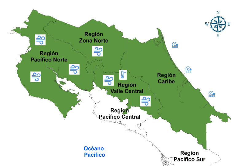 CNE declara alerta verde en Pacífico Norte, Zona Norte, Caribe y Valle Central por fuertes vientos