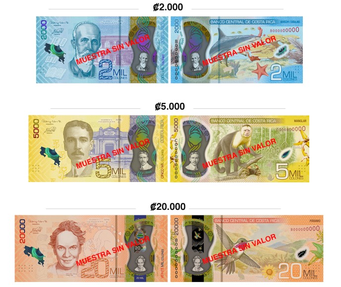 Banco Central pondrá en circulación nuevos billetes de ¢20 mil, ¢5 mil y ¢2 mil de material reciclable