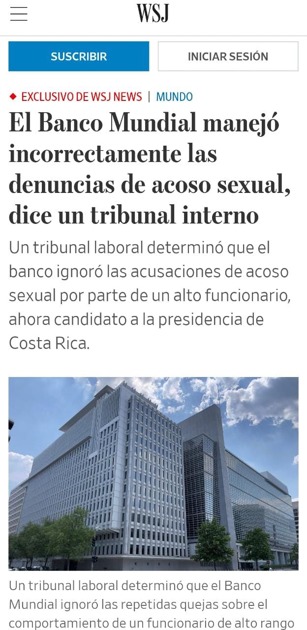 The Wall Street Journal confirma que Banco Mundial ignoró acusaciones de hostigamiento sexual contra Rodrigo Chaves
