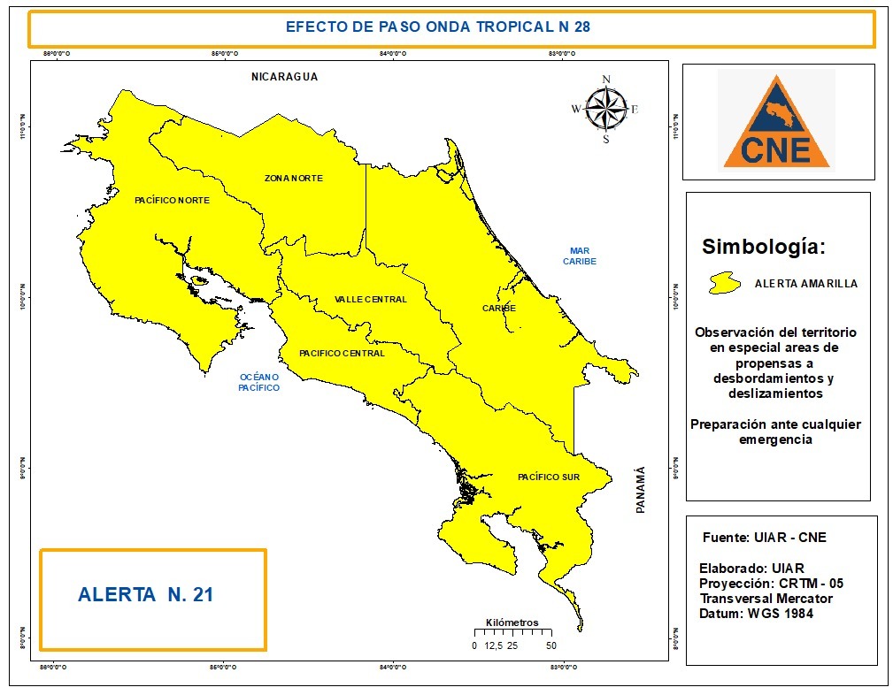 CNE declara alerta amarilla en todo el país por paso de la Onda Tropical No. 28