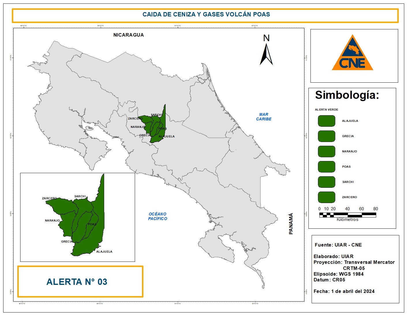 CNE declara alerta verde en seis cantones por caída de ceniza y emanación de gases en el Volcán Poás